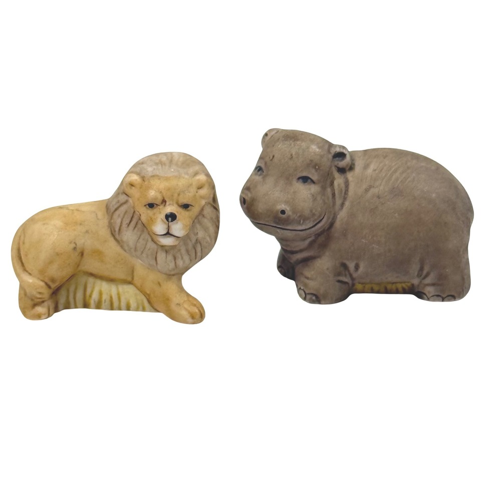 Vintage Miniature Ceramic Lion Hippo Figurines Set Trinket Shelf Decor 1.5" Cute